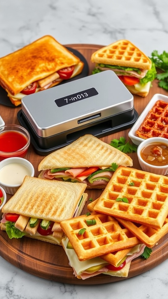 Versatile 7-in-1 Sandwich Maker Recipe A selection of sandwiches from a 7-in-1 sandwich maker, including grilled cheese, paninis, and waffle sandwiches, displayed on a platter with dipping sauces.